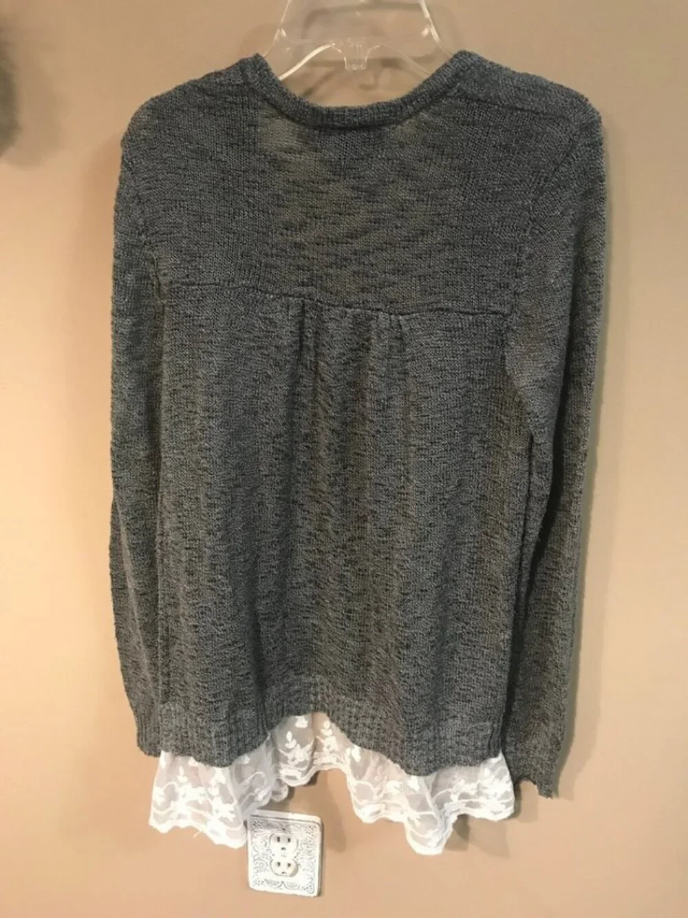 AB Studio open front gray cardigan sweater white lace trim edging small